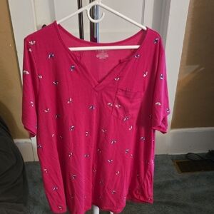 Lane Bryant Fuchsia V-Neck Tee with Bird Print